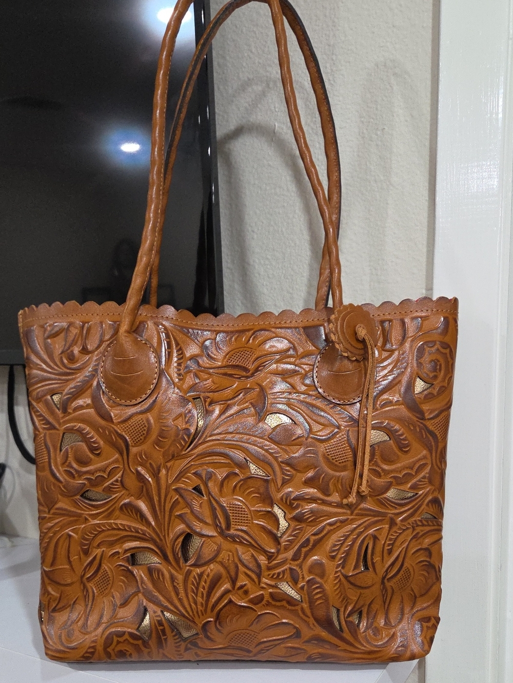 Patricia Nash Large Handcrafted Brown Floral Tooled Leather Tote Bag 13x11x5 - Picture 1 of 8